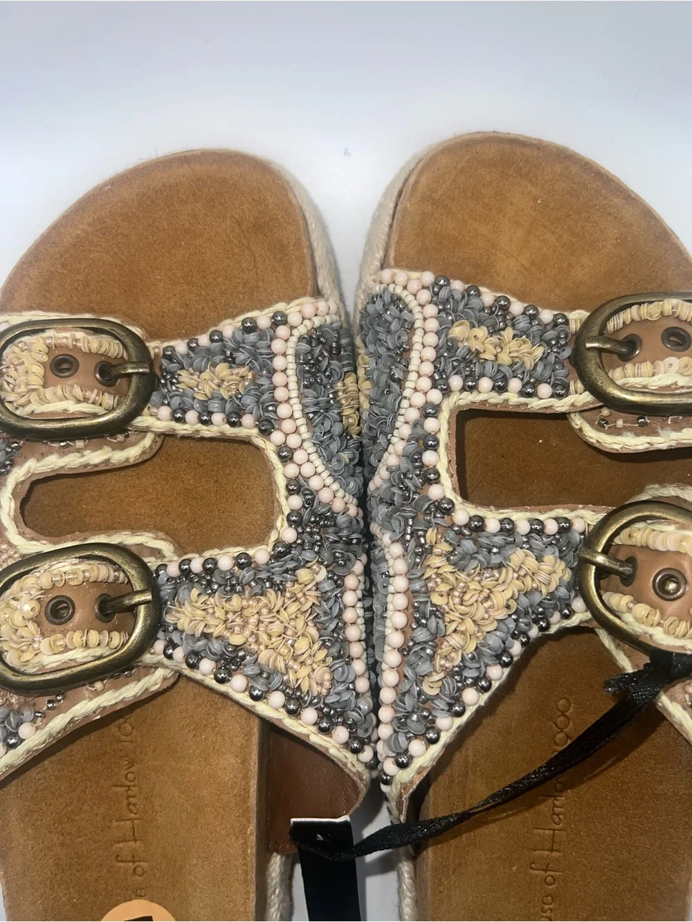 House of Harlow 1960 Beaded Slide Sandals in Beige & Gray